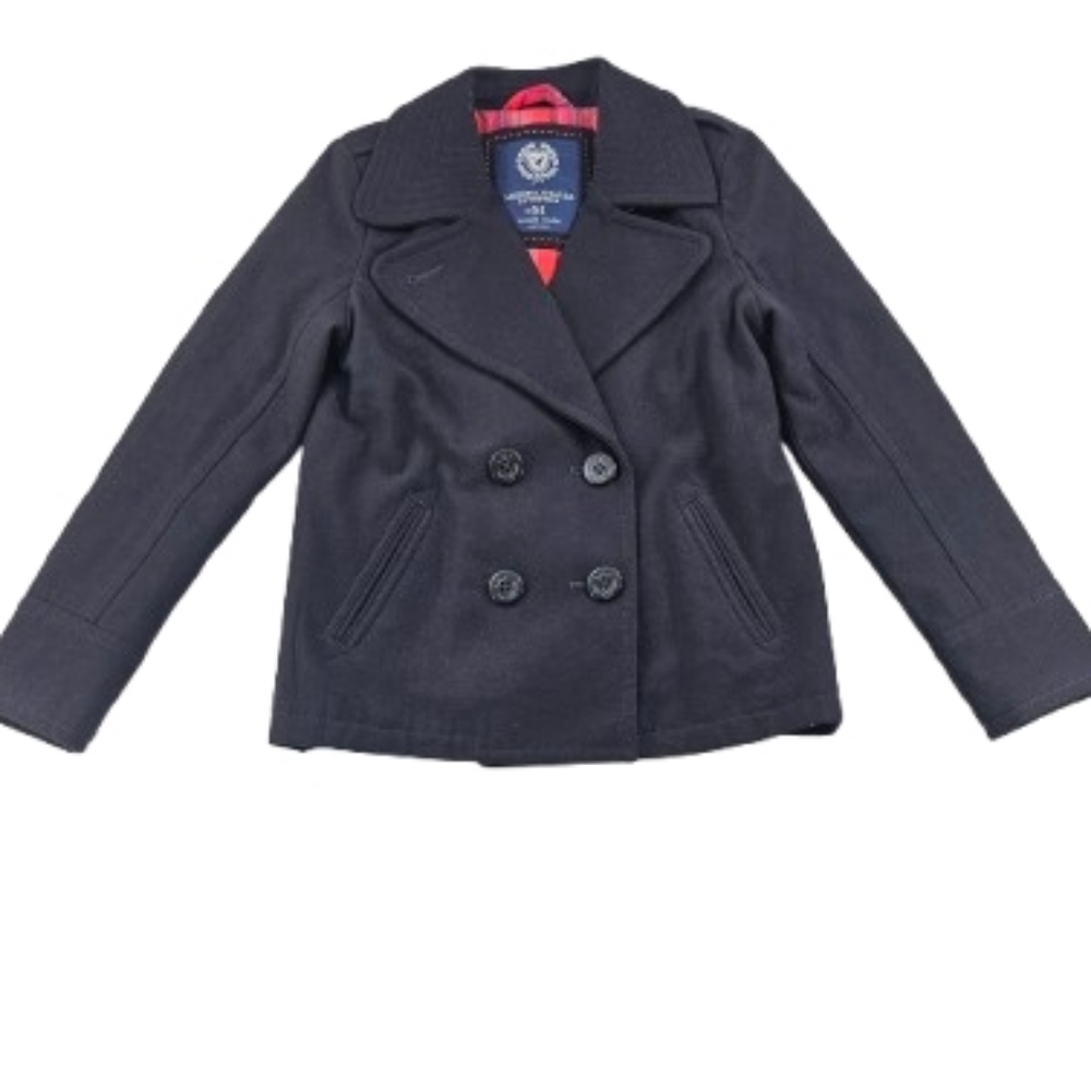 American Eagle Wool Pea Coat Womens M Navy Blue Double Breasted Red Plaid Lining